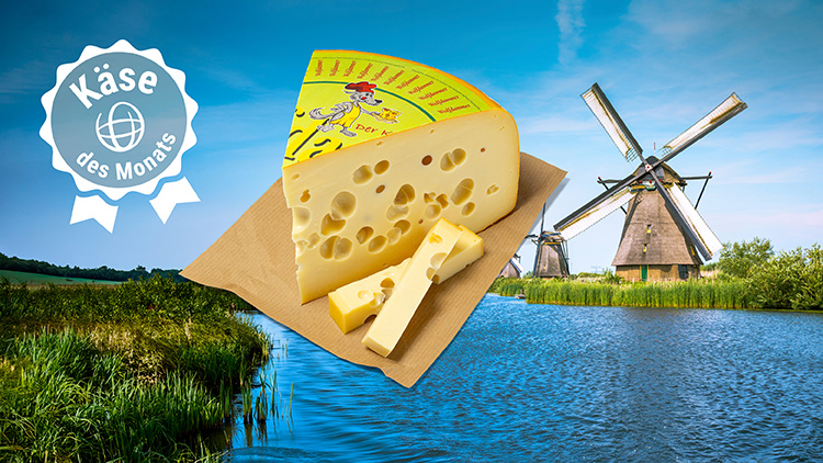 Käse mit Löchern und gelber Verpackung sowie Siegel „Käse des Monats“ vor Wasser, grüner Landschaft und Windmühle.