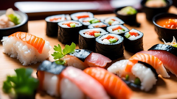 Verschiedene Sushi-Stücke mit Reis, Lachs, Thunfisch und Algenblättern liegen dekorativ auf einem Holzbrett.