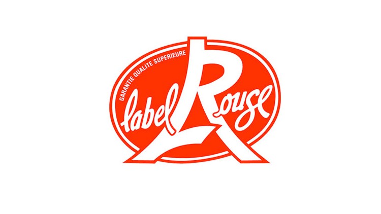 Rotes ovales Logo mit weißem Text „Label Rouge, Garantie Qualité Supérieure“ und einem stilisierten weißen „R“ in der Mitte.