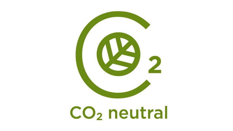 Grünes CO₂-neutral-Logo mit Blatt-Symbol in der Mitte des Buchstabens C und Schrift „CO₂ neutral“ darunter.