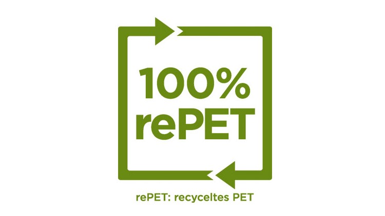 Grünes Logo mit Text „100 % rePET“ in einem rechteckigen Pfeilrahmen, darunter der Schriftzug „rePET: recyceltes PET“.