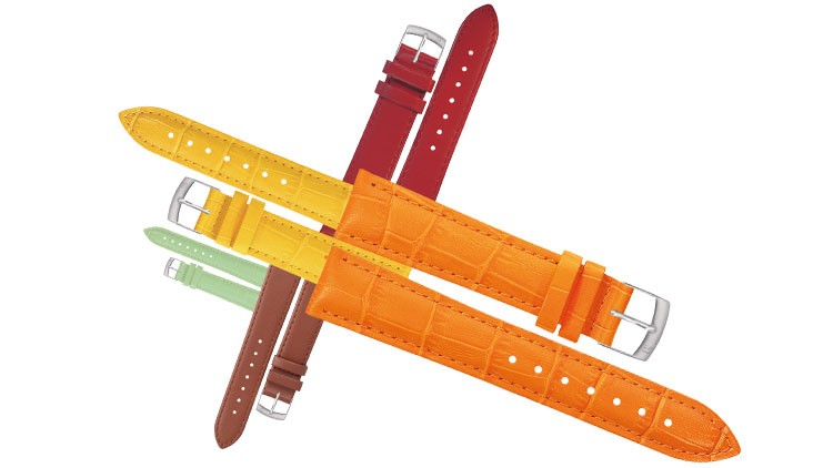 Sechs bunte Armbänder aus Leder in Gelb, Orange, Rot, Braun und Grün mit silbernen Schnallen liegen überkreuz auf weißem Hintergrund.
