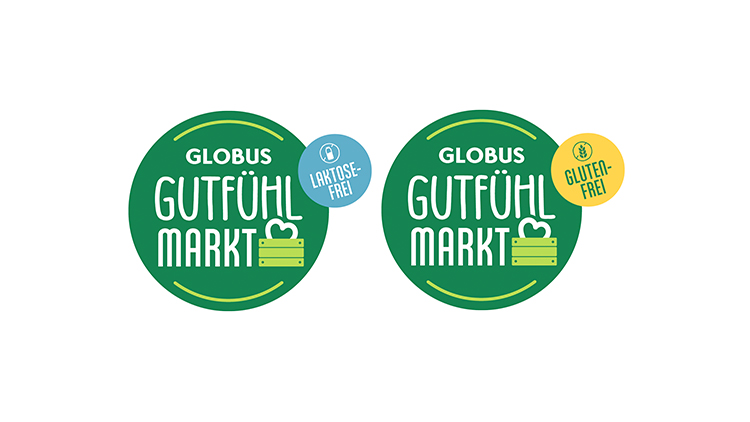 Zwei grüne Kreise mit „GLOBUS GUTFÜHL MARKT“, einer mit blauem „Laktosefrei“-Icon, der andere mit gelbem „Glutenfrei“-Icon.