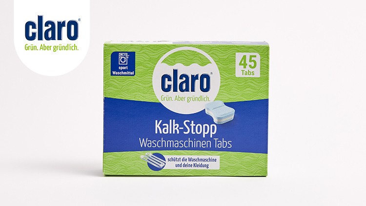 Schachtel mit 45 claro Kalk-Stopp Waschmaschinen-Tabs, Text „Grün, aber gründlich“, und Hinweis „schützt die Waschmaschine und Kleidung“.