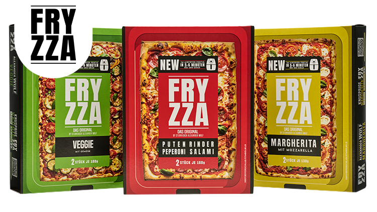 Drei FRYZZAsorten in Verpackungen: Veggie, Puten Rinder Pepperoni Salami und Margherita mit Mozzarella, jeweils zwei Stück.