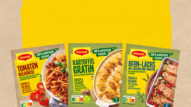 Drei Maggi-Produkte mit den Namen Tomaten Bolognese, Kartoffel Gratin und Ofen-Lachs vor gelbem Hintergrund.