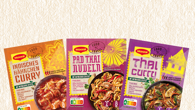 Drei Maggi-Gerichte in bunten Verpackungen: Indisches Hähnchen Curry, Pad Thai Nudeln und Thai Curry, mit Text und Zutatenliste.