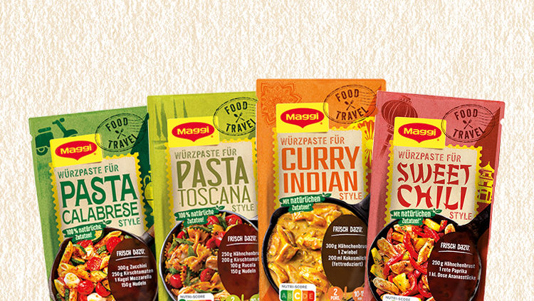Vier Maggi-Würzpasten mit den Sorten Pasta Calabrese, Pasta Toscana, Curry Indian und Sweet Chili auf beigem Untergrund.