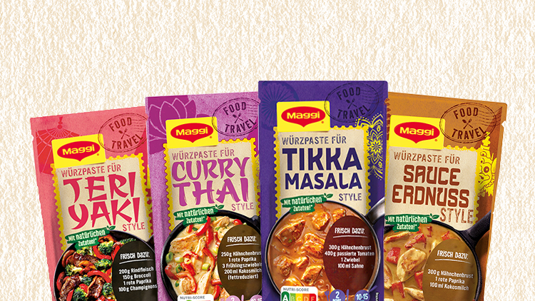 Vier MAGGI Würzpasten-Packungen in den Sorten Teriyaki, Curry Thai, Tikka Masala und Sauce Erdnuss mit Zutatenhinweisen.