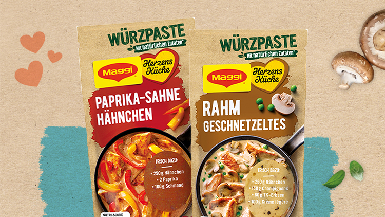 Zwei Maggi Würzpasten-Packungen, Paprika-Sahne-Hähnchen und Rahm-Geschnetzeltes, mit Zutatenabbildungen auf beigem Hintergrund.