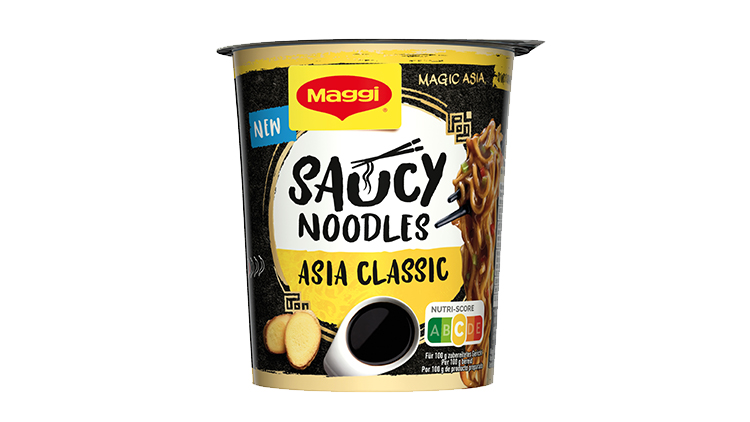 Gelber Instantnudelbecher der Marke Maggi mit der Aufschrift \