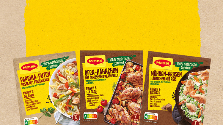 Vier MAGGI-Produkte mit 100 % natürlichen Zutaten, darunter Paprika-Puten-Pasta, Ofen-Hähnchen und Möhren-Erbsen-Hähnchen.