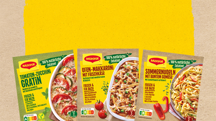 Vier Maggi-Produkte mit gelbem Hintergrund, darunter Tomaten-Zucchini Gratin, Ofen-Makkaroni, Sommernudeln und Zutatenlisten.