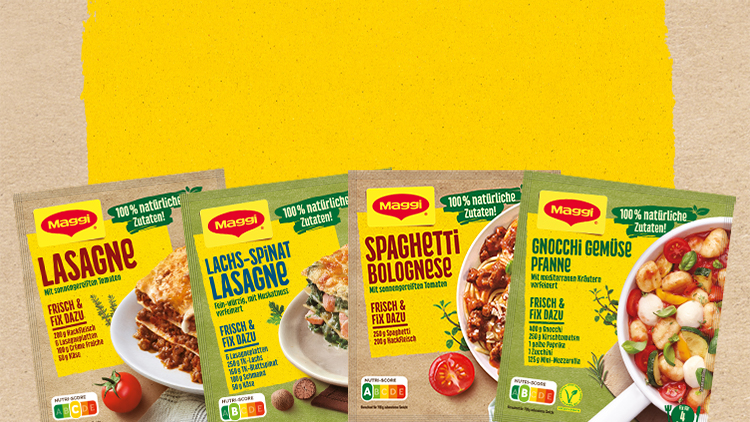 Vier Maggi-Verpackungen mit Rezeptideen für Lasagne, Lachs-Spinat-Lasagne, Spaghetti Bolognese und Gnocchi Gemüse Pfanne.