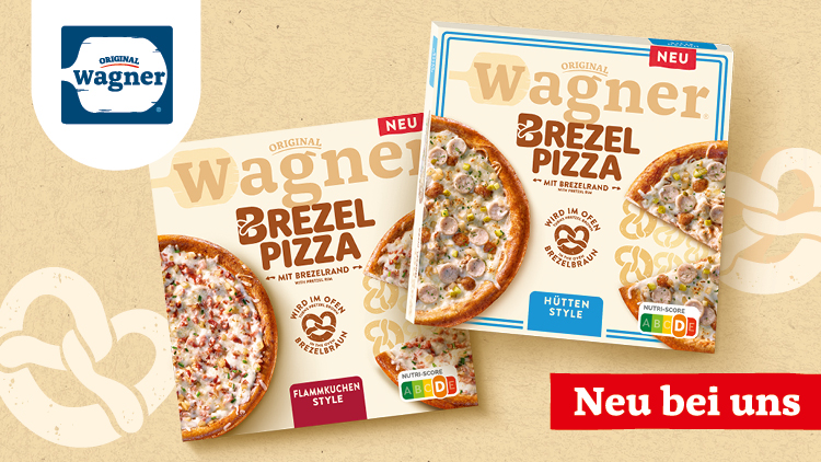 Zwei Verpackungen der Wagner Brezel Pizza in Flammkuchen und Hütten Style mit rotem Text „Neu bei uns“ auf beigem Hintergrund.