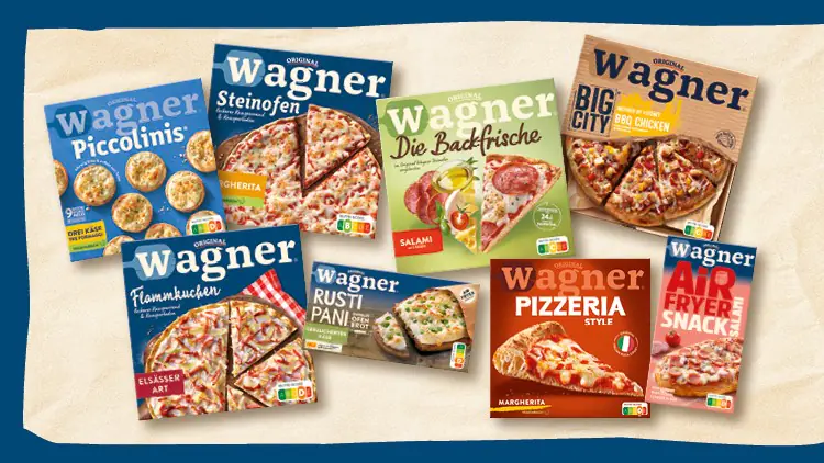 Verschiedene Verpackungen von Wagner-Produkten mit Pizza- und Snackangeboten, darunter Piccolinis, Rustipani und Pizzeria Style.