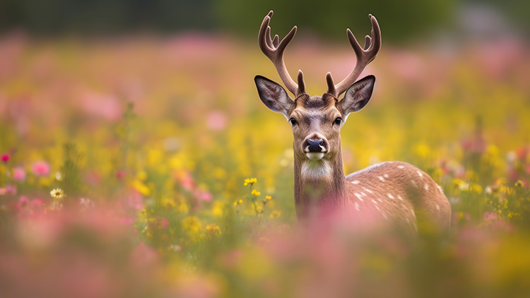 Ein Hirsch mit Geweih steht in einer bunten Blumenwiese mit gelben und rosa Blüten, unscharfer Hintergrund.