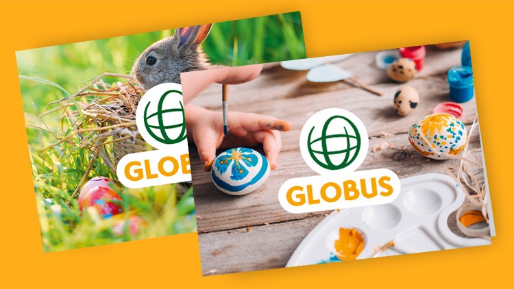 Links ein Hase mit Osternest, rechts bemalte Ostereier und Farbpalette, jeweils mit GLOBUS-Logo auf orangefarbenem Hintergrund.