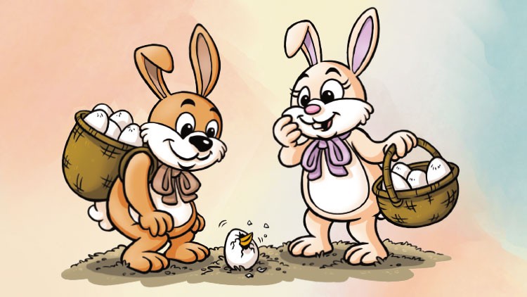 Zwei gezeichnete Hasen mit Körben voller Eier stehen vor einem schlüpfenden Küken auf sandigem Boden.