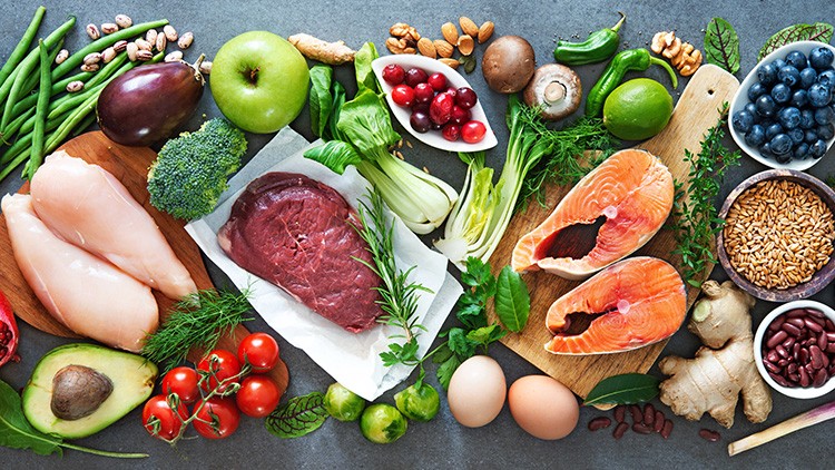 Frische Lebensmittel wie Gemüse, Obst, Fleisch, Fisch, Eier, Nüsse und Kräuter auf einer grauen Oberfläche arrangiert.