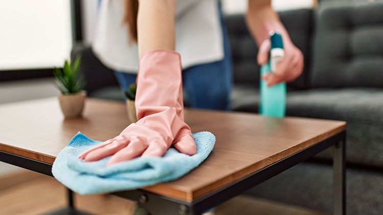 Eine Person wischt mit einem blauen Tuch und rosa Handschuhen einen Holztisch, in der anderen Hand ein Reinigungsspray haltend.
