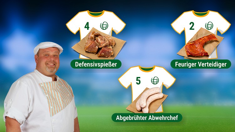 Drei Trikots mit Nummern und GLOBUS-Logo, daneben Grillfleisch, Würstchen und Beschriftungen wie „Defensivspießer“.