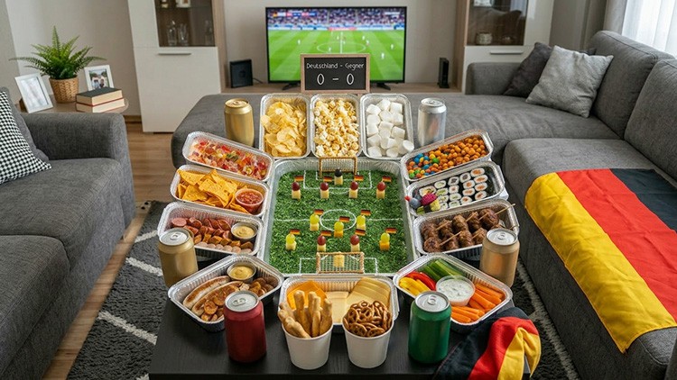 Ein Tisch mit Snacks in Aluschalen und Dosen, dekoriert als Fußballfeld, im Hintergrund ein Fernseher mit Fußballspiel.