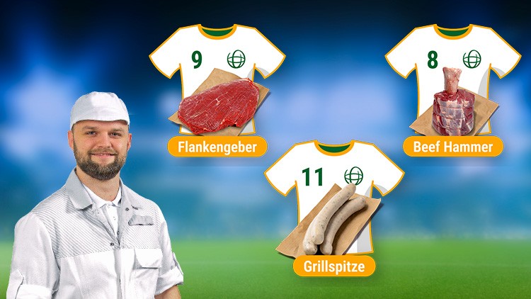 Drei Trikots mit Globus-Logos und Fleischprodukten, darunter die Texte Flankengeber, Beef Hammer und Grillspitze.