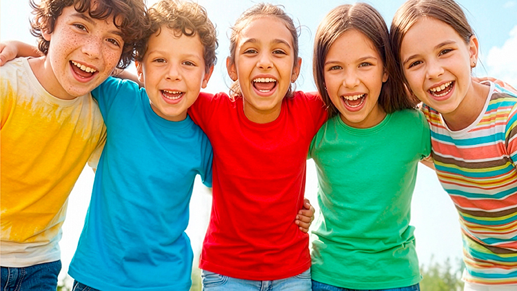 Fünf Kinder stehen draußen nebeneinander und tragen bunte T-Shirts, im Hintergrund sind Bäume und blauer Himmel sichtbar.