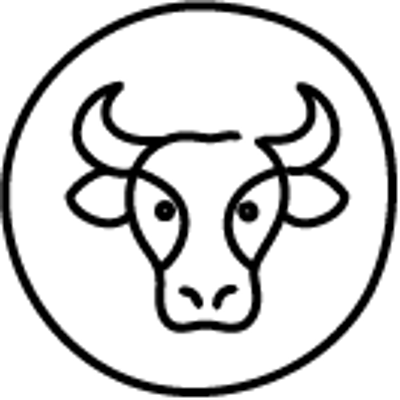 Ein Symbol mit einer stilisierten Kuhkopf-Linie in einem Kreis, schwarzer Umriss auf weißem Hintergrund.