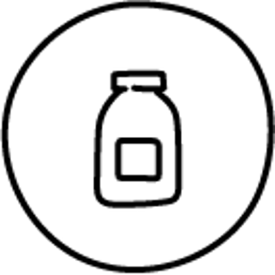 Schwarzes Symbol mit einem Einmachglas und Etikett, von einem Kreis umgeben, auf weißem Hintergrund.