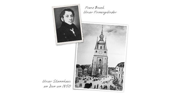 Porträt mit Text „Franz Bruch Unser Firmengründer“ und Zeichnung mit „Unser Stammhaus am Dom um 1850“ unten links.