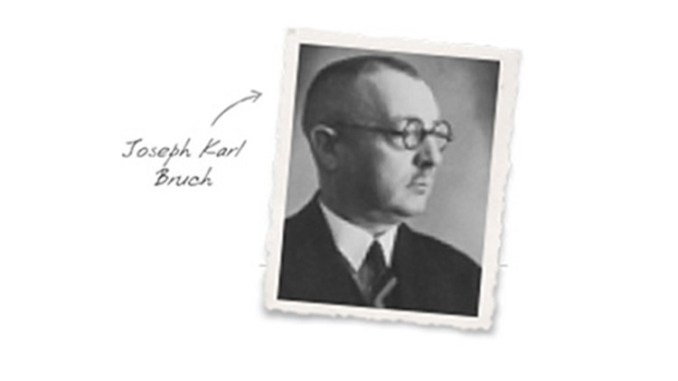 Ein schwarz-weißes Porträtfoto mit handschriftlichem Text „Joseph Karl Bruch“ und einem Pfeil links daneben.
