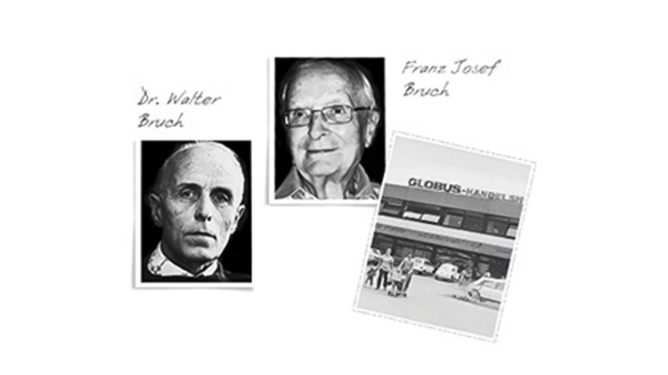 Links handschriftliche Namen Dr. Walter Bruch und Franz Josef Bruch mit Fotos, rechts GLOBUS-Handelshof-Gebäude in Schwarz-Weiß.
