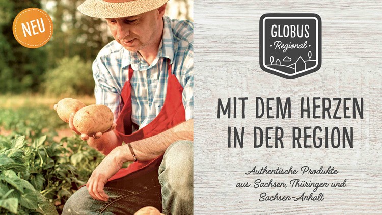 Eine Person in kariertem Hemd mit roter Schürze hält drei Kartoffeln, daneben Text „GLOBUS Regional, Mit dem Herzen in der Region“.