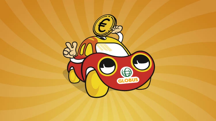 Ein rotes Cartoon-Auto mit GLOBUS-Logo zeigt ein Peace-Zeichen und hält eine Münze mit Euro-Symbol vor gelbem Strahlenhintergrund.