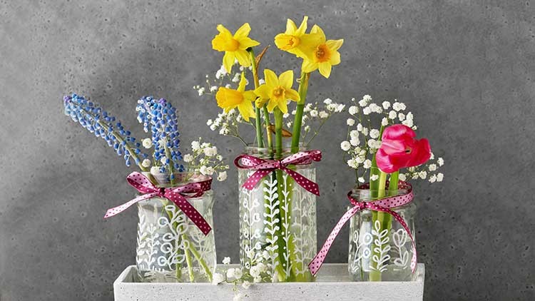 Drei Glasvasen mit Blumen, dekoriert mit rosa Schleifen, enthalten blaue, gelbe und rote Blüten vor einer grauen Betonwand.