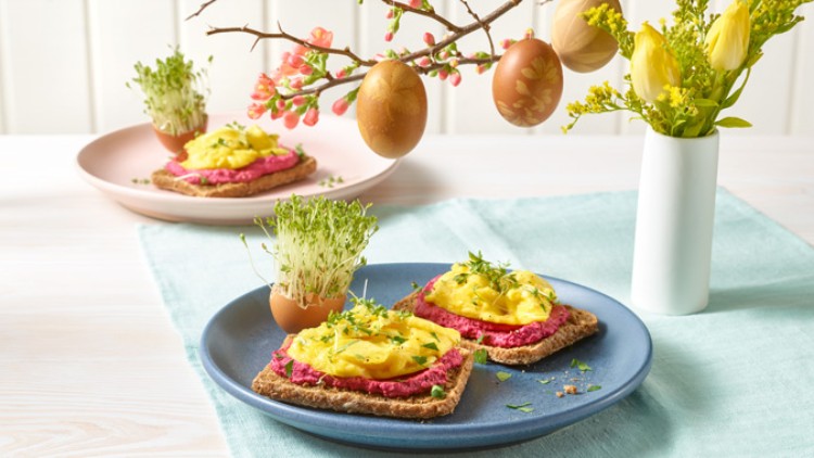 Knäckebrot mit pinkem Aufstrich, gelber Creme und Kräutern auf blauem Teller, daneben Kresse und Osterdeko mit Tulpen.