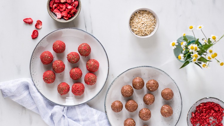 Zwei Teller mit Schoko- und Erdbeerbällchen auf weißem Untergrund, daneben getrocknete Erdbeeren, Haferflocken und Blumen.