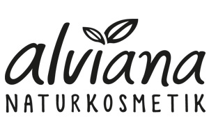 Schwarzes alviana NATURKOSMETIK Logo mit zwei grünen Blättern über dem Buchstaben „v“ auf weißem Hintergrund.