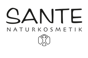 Schwarzer Schriftzug „SANTE Naturkosmetik“ mit minimalistischem Symbol darunter auf weißem Hintergrund.
