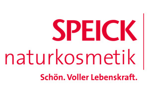 Das Logo zeigt den roten Schriftzug „SPEICK naturkosmetik“, darunter steht „Schön. Voller Lebenskraft.“ auf weißem Hintergrund.