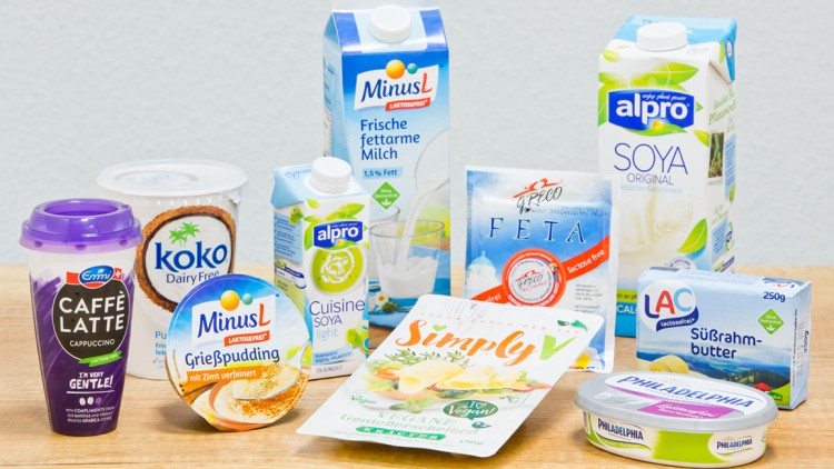 Verschiedene laktosefreie und vegane Produkte wie Milch, Butter, Pudding, Käse und Kaffee auf einem Holztisch.