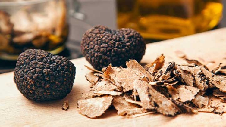 Zwei ganze schwarze Trüffel und frische Trüffelscheiben liegen auf einem Holzbrett, im Hintergrund ist eine gelbliche Flasche.