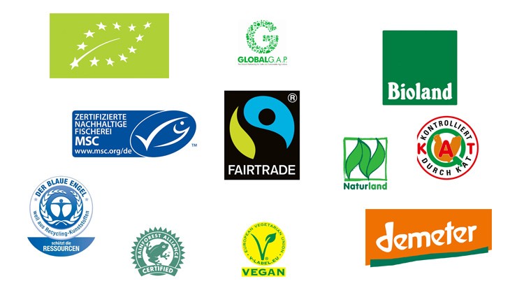 Zwölf Logos von bekannten Zertifizierungen wie Fairtrade, Bioland, Demeter, MSC, Vegan und anderen auf weißem Hintergrund.