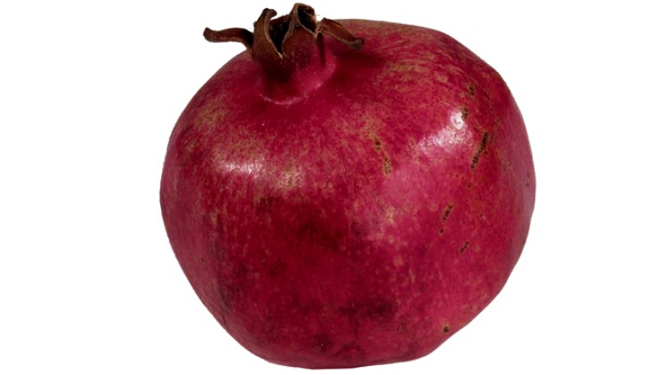 Roter Granatapfel mit glatter Schale und vertrockneter Blüte auf weißem Hintergrund.