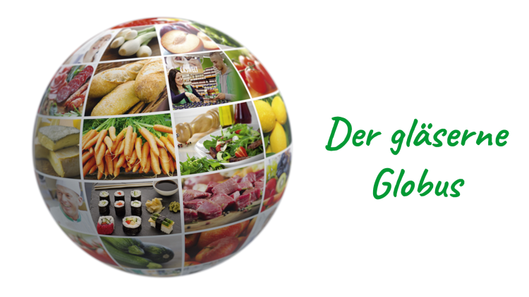 Eine Kugel mit Bildern von Lebensmitteln wie Brot, Karotten, Käse, Sushi und Obst, daneben der grüne Schriftzug „Der gläserne Globus“.