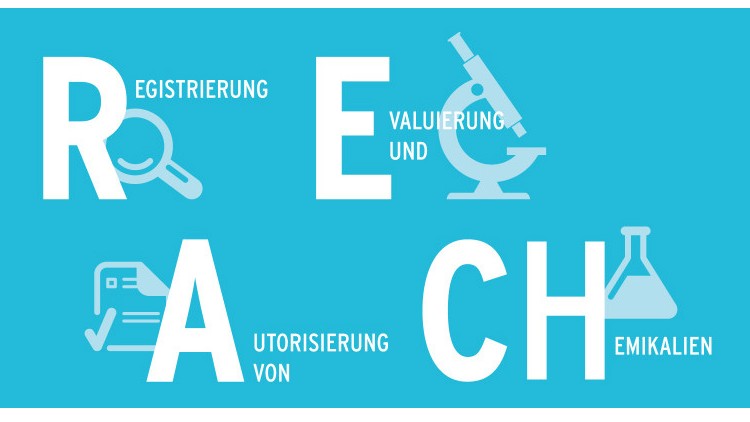 Weiße Buchstaben „REACH“ mit Symbolen und Text „Registrierung, Bewertung, Autorisierung und Chemikalien“ auf blauem Hintergrund.