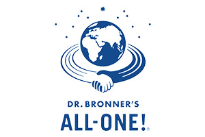 Blau-weißes Logo mit Weltkugel, Sternen, zwei Händen im Handschlag und dem Text DR. BRONNER'S ALL-ONE!.