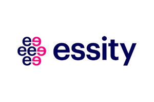 Das Bild zeigt das Logo von essity mit dem Schriftzug „essity“ in Blau und einem rosa-blauen Symbol aus mehreren „e“ links davon.